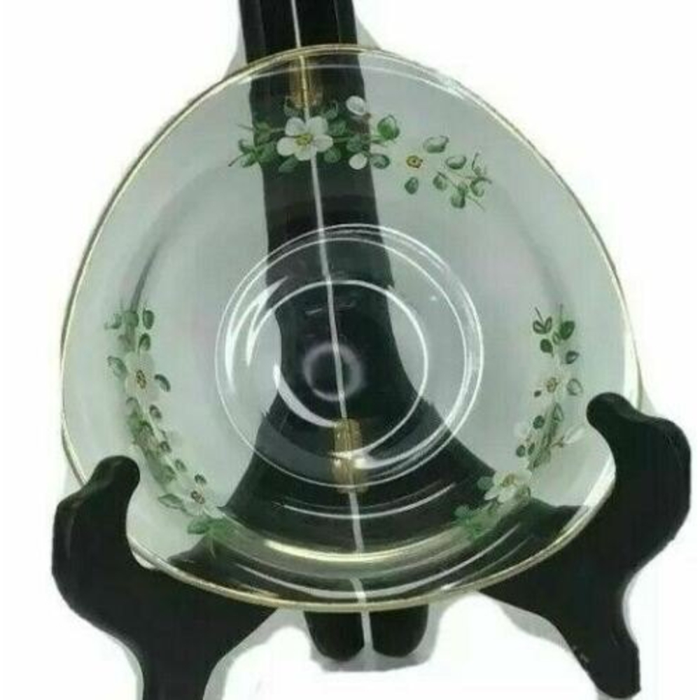 Decorative Glass Bowl Clear Painted Flowers Floral Gold Rim Trim